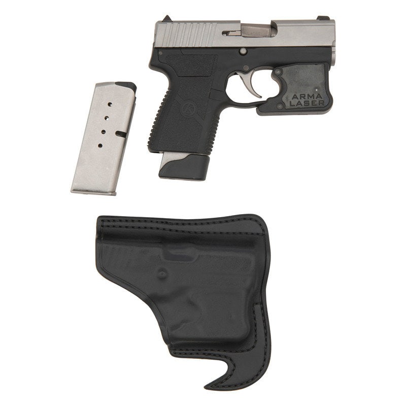 * Kahr Arms PM40: * Kahr Arms PM40 .40 S&W. 3" barrel length. SN: WA5806. Matte stainless steel finish with black synthetic frame and mounting a triggerguard affixed ARMA/LASER sight. Striker action short recoil op