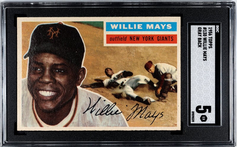 A 1956 Topps Willie Mays Gray Back Baseball Card No. 130 (SGC 5 EX): A 1956 Topps Willie Mays Gray Back Baseball Card No. 130 (SGC 5 EX) NOTE: If a bid is placed within one minute of the closing time of a lot, five additional minutes will be added to the designated clo
