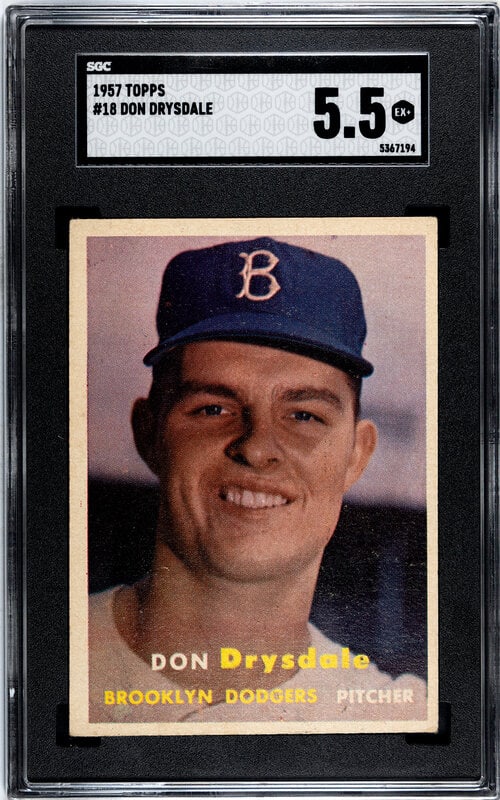 A 1957 Topps Don Drysdale Rookie Baseball Card No. 18 (SGC 5.5 EX+) (1 of 2)