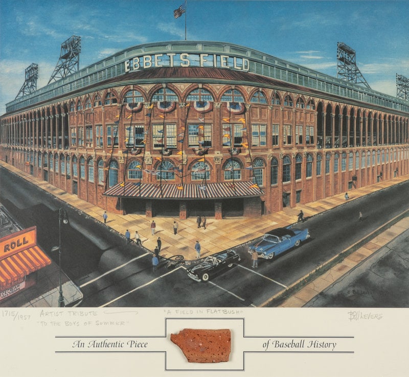 "A Field In Flatbush" Ebbets Field Lithograph Featuring Authentic Exterior Brick Relic, (1 of 3)