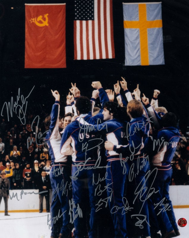 A 1980 United States Olympic Hockey Team Miracle on Ice Signed Autograph Photo (Beckett Authenticati: A 1980 United States Olympic Hockey Team Miracle on Ice Signed Autograph Photo (Beckett Authentication Services) including signatures of Steve Christoff, Bill Baker, Buzz Schneider, Steve Janaszak, Mi