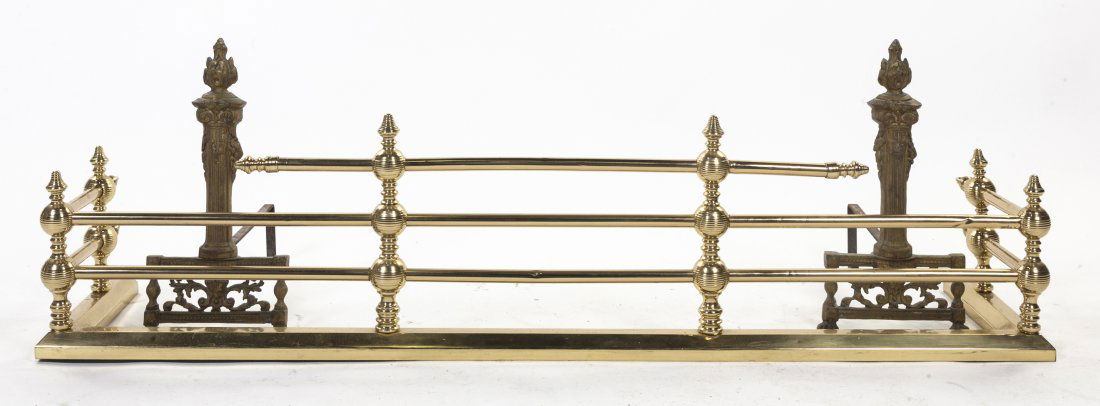 A Group of Fireplace Accessories, Height of first: A Group of Fireplace Accessories, comprising a set of tools, a fire fender, a pair of andirons, a kettle on stand and a copper bin. Height of first 28 1/2 inches.