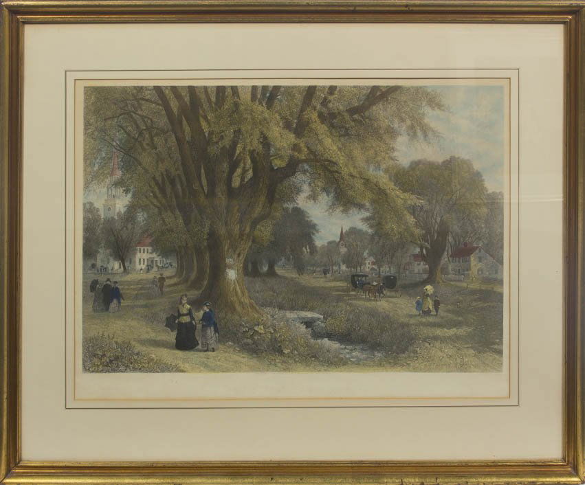 An American Handcolored Engraving, Height 19 1/2: An American Handcolored Engraving, after Albert Fitch Bellows, The Village Elms. Height 19 1/2 x width 26 1/2 inches.