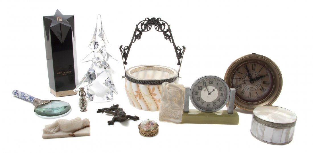 A Collection of Decorative Table Articles, Height: A Collection of Decorative Table Articles, comprising two clocks, a Victorian glass and silverplate casket and others; 12 items total. Height of tallest clock 5 inches.
