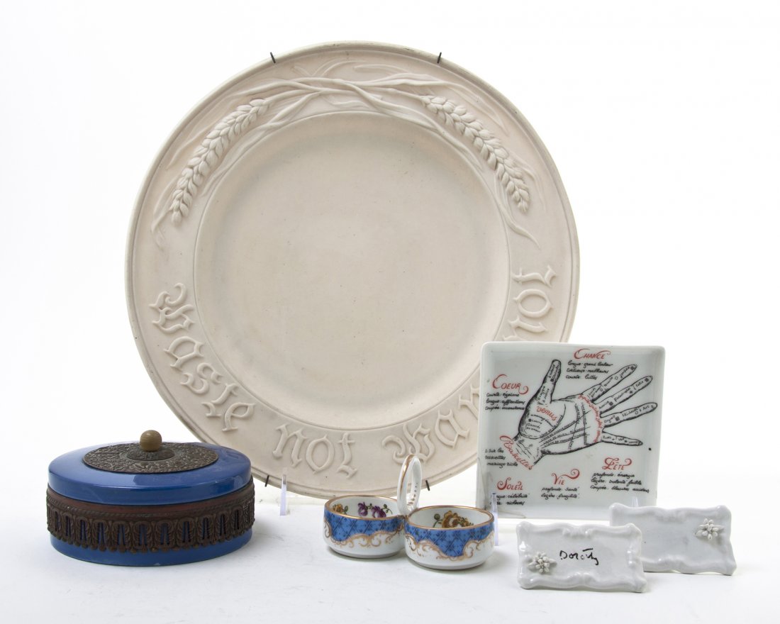 A Collection of Continental Porcelain Articles, D: A Collection of Continental Porcelain Articles, comprising a late Meissen double salt, an English charger, place card holders and a metal mounted box, together with a Limoges porcelain tray decorated 
