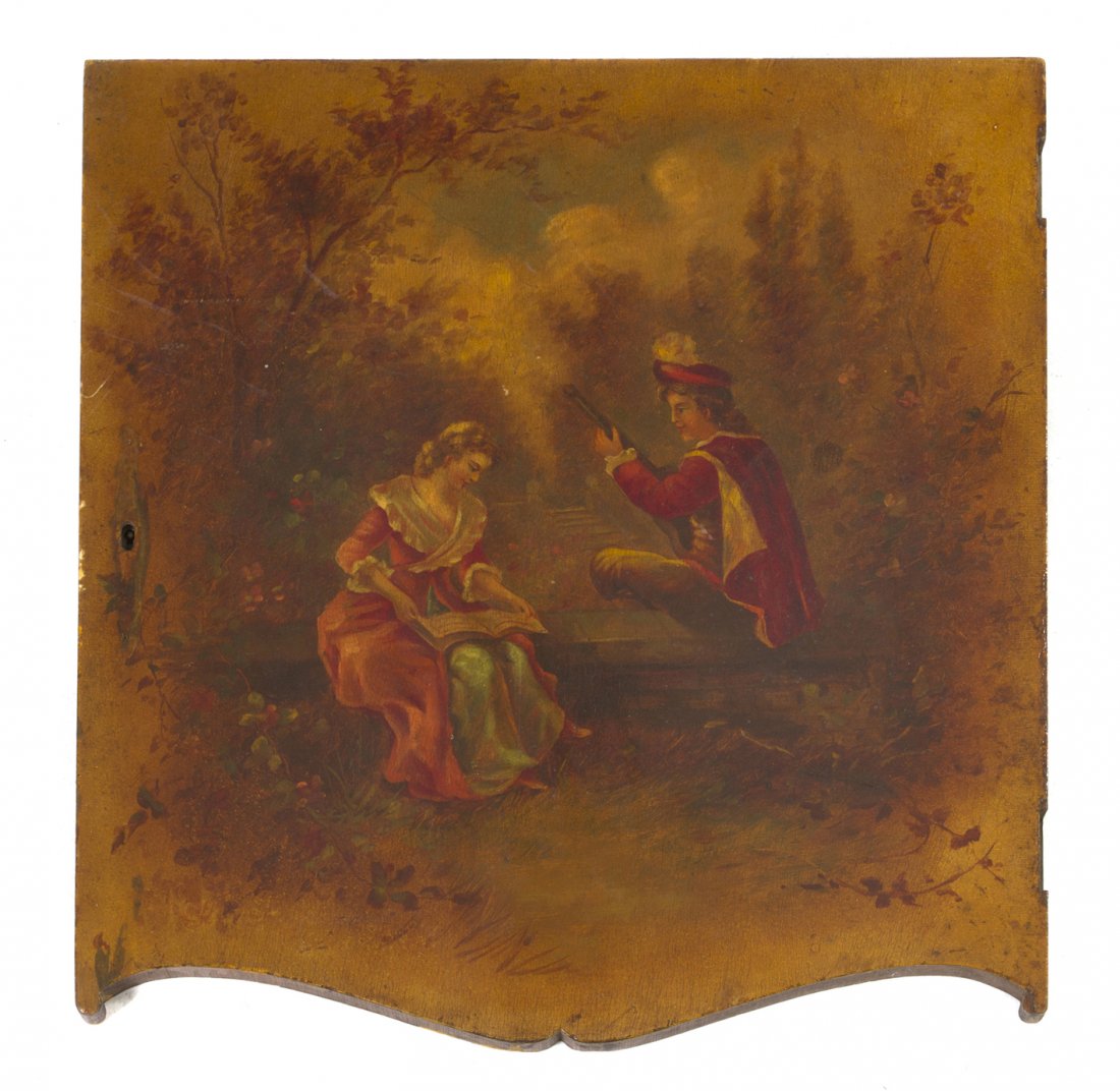 A Vernis Martin Decorated Panel, Height 19 inches: A Vernis Martin Decorated Panel, depicting a courting couple in a garden, formerly a cabinet door. Height 19 inches.