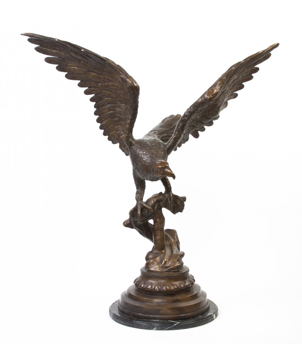 A Bronze Statue of an Eagle, Height overall 33 3/: A Bronze Statue of an Eagle, depicted landing on a branch, the whole set on a conforming marble pedestal. Height overall 33 3/4 inches. Property of a Private Collector, Chicago, Illinois