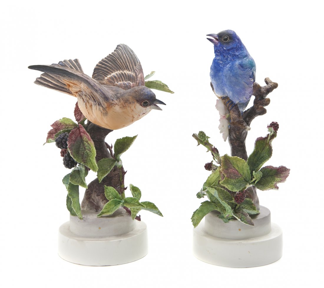 A Pair of Royal Worcester Dorothy Doughty Birds, : A Pair of Royal Worcester Dorothy Doughty Birds, Indigo Buntings, perched on blackberry branches. Height 9 inches.