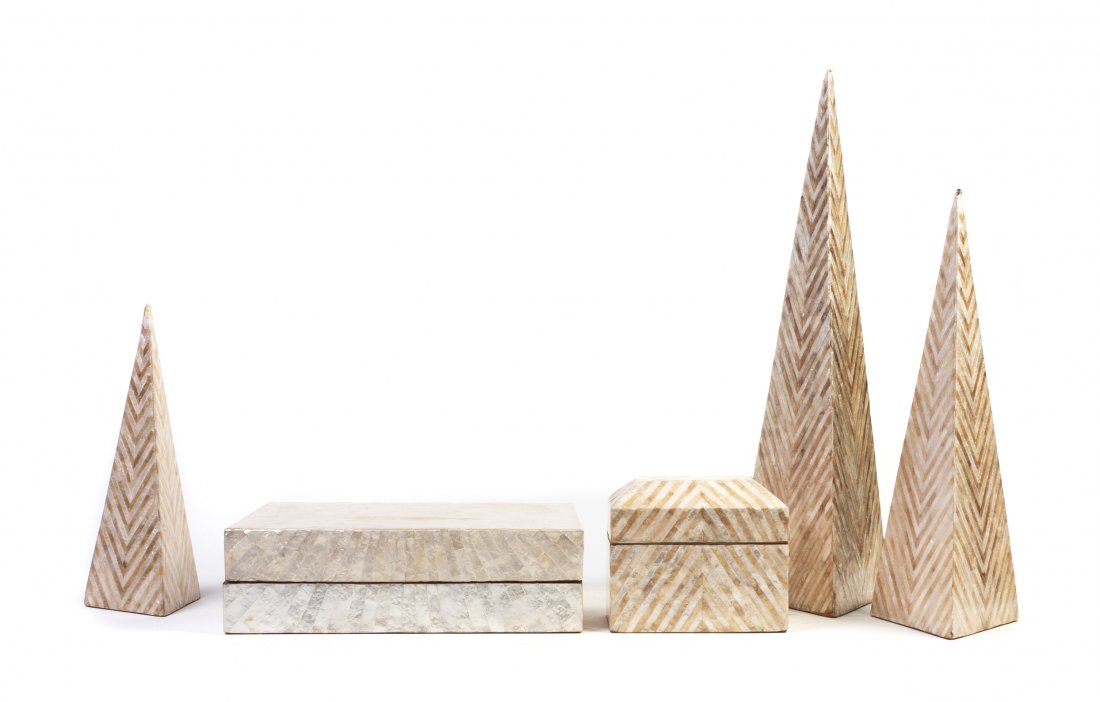 A Collection of Abalone Shell Inlaid Centerpieces: A Collection of Abalone Shell Inlaid Centerpieces, comprising three pyramids and two table caskets. Height of tallest 23 3/4 inches.