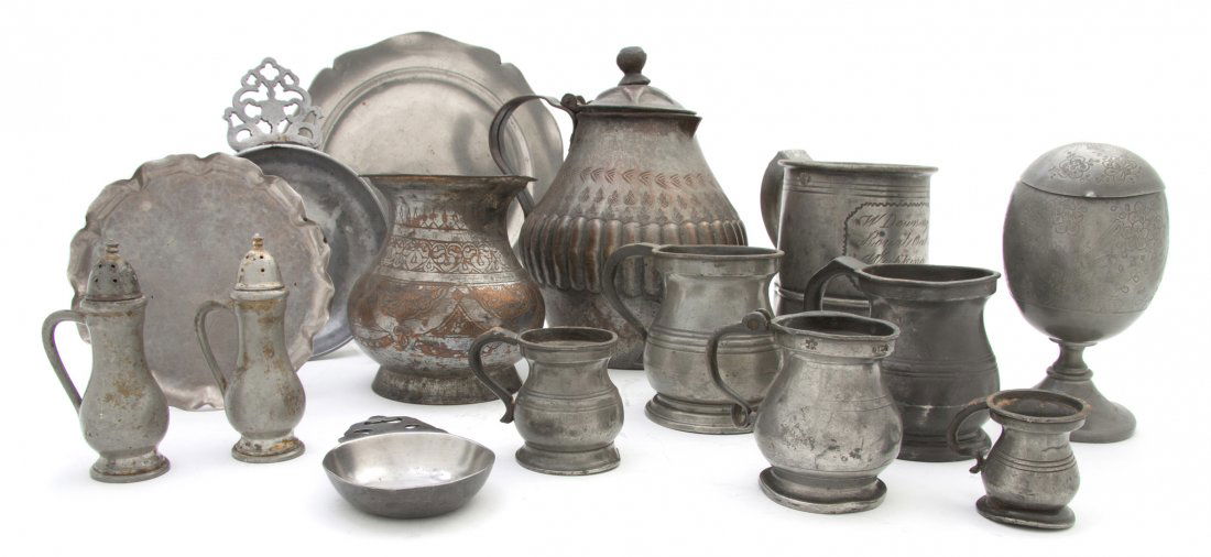 A Collection of Fifteen Pewter Utilitarian Articl: A Collection of Fifteen Pewter Utilitarian Articles, comprising mugs, creamers, porringers and others. Height of tallest 9 1/4 inches. Property from the Estate of Helen and C. Nicholas Johnson, Jr., C
