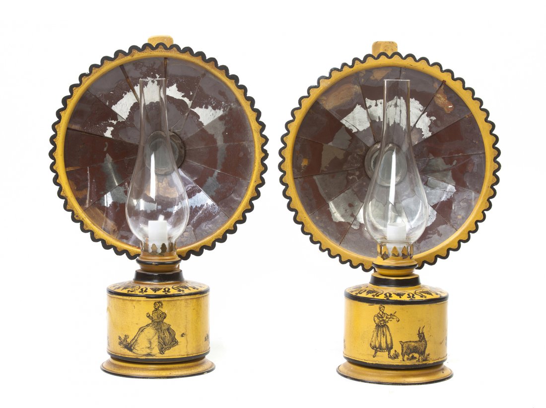 A Pair of Italian Tole Oil Lanterns, Height 14 in: A Pair of Italian Tole Oil Lanterns, each decorated with provincial scenes on a yellow ground, wired for electricity. Height 14 inches. Property from the Estate of Helen and C. Nicholas Johnson, Jr.,