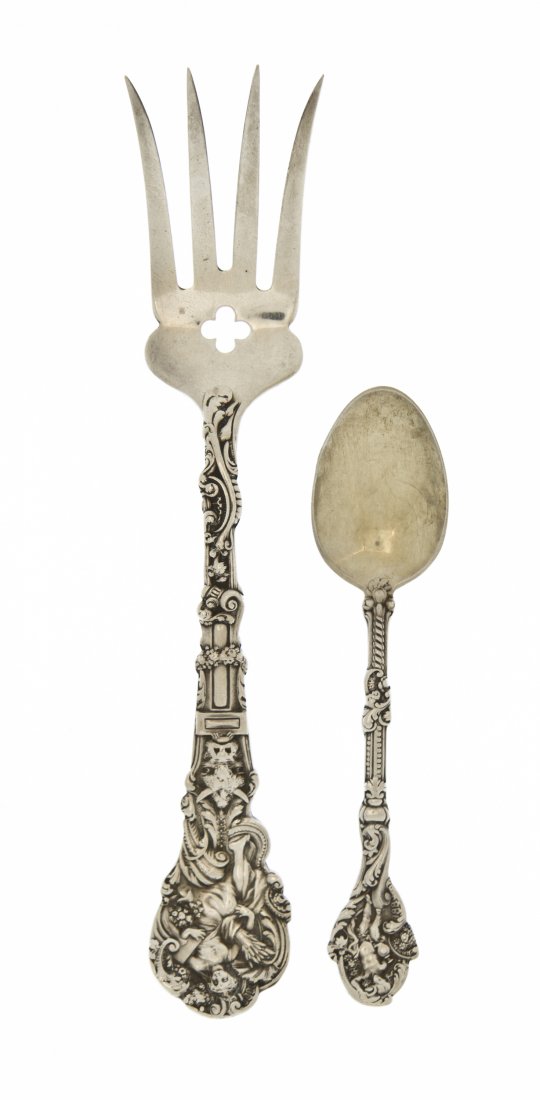 Two American Sterling Silver Flatware Articles, G: Two American Sterling Silver Flatware Articles, Gorham, in the Versailles pattern, comprising a chipped beef fork and a demitasse spoon; approximate total weight 1.81 ozt. Length of fork 6 1/2 inches.