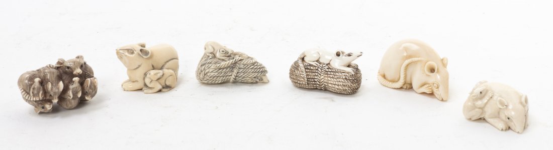 Six Japanese Carved Ivory Netsuke, Width of wides: Six Japanese Carved Ivory Netsuke, each carved in the form of a rat or a group of rats, in various poses and sizes. Width of widest 1 3/4 inches.
