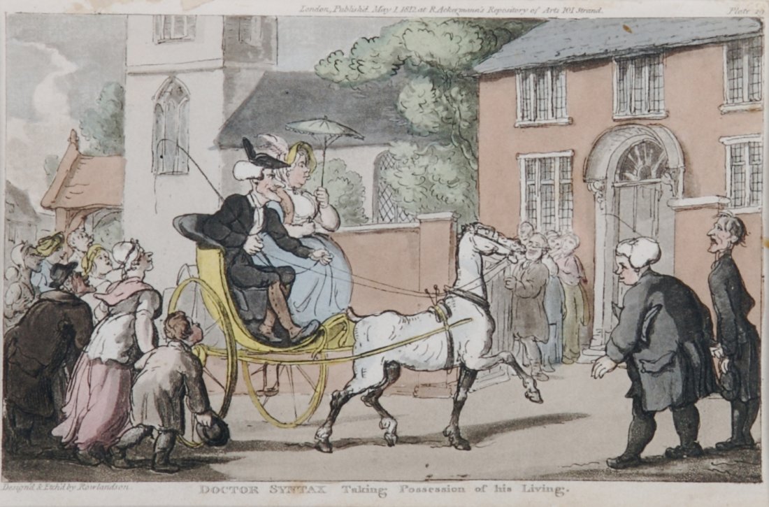 Thomas Rowlandson, (British, 1756-1827), Taking P: Thomas Rowlandson (British, 1756-1827) Taking Possession of his Living and Pursued by a Bull (a pair of works from the Dr. Syntax series) handcolored engraving with aquatint Largest 4 1/2 x 7 1