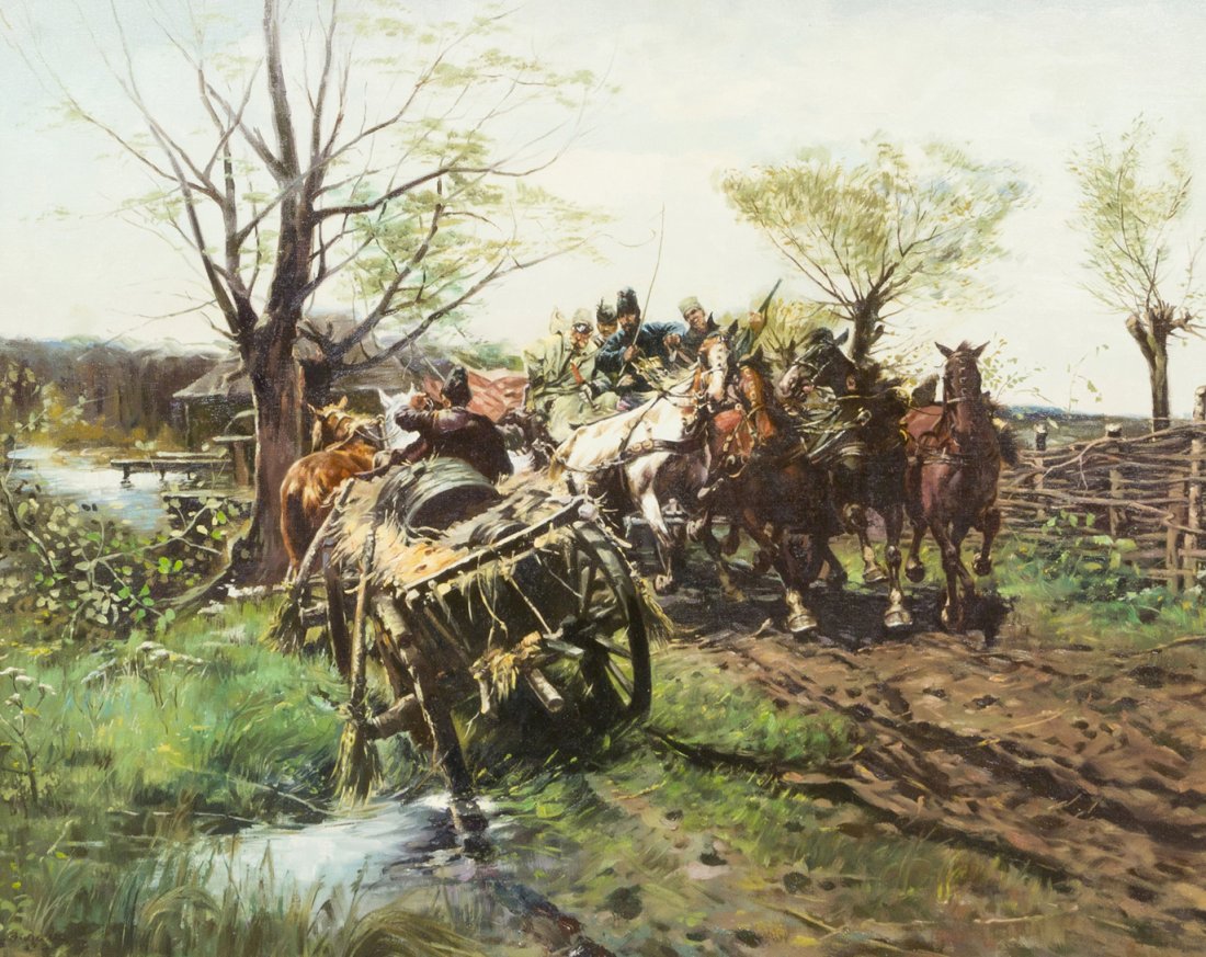 Frederick Bons, (German, 20th century), Forced of: Frederick Bons (German, 20th century) Forced off the Path oil on canvas signed F. Bons (lower left) 24 x 30 inches. Property from the Estate of William P. Tarzwell, Elgin, Illinois