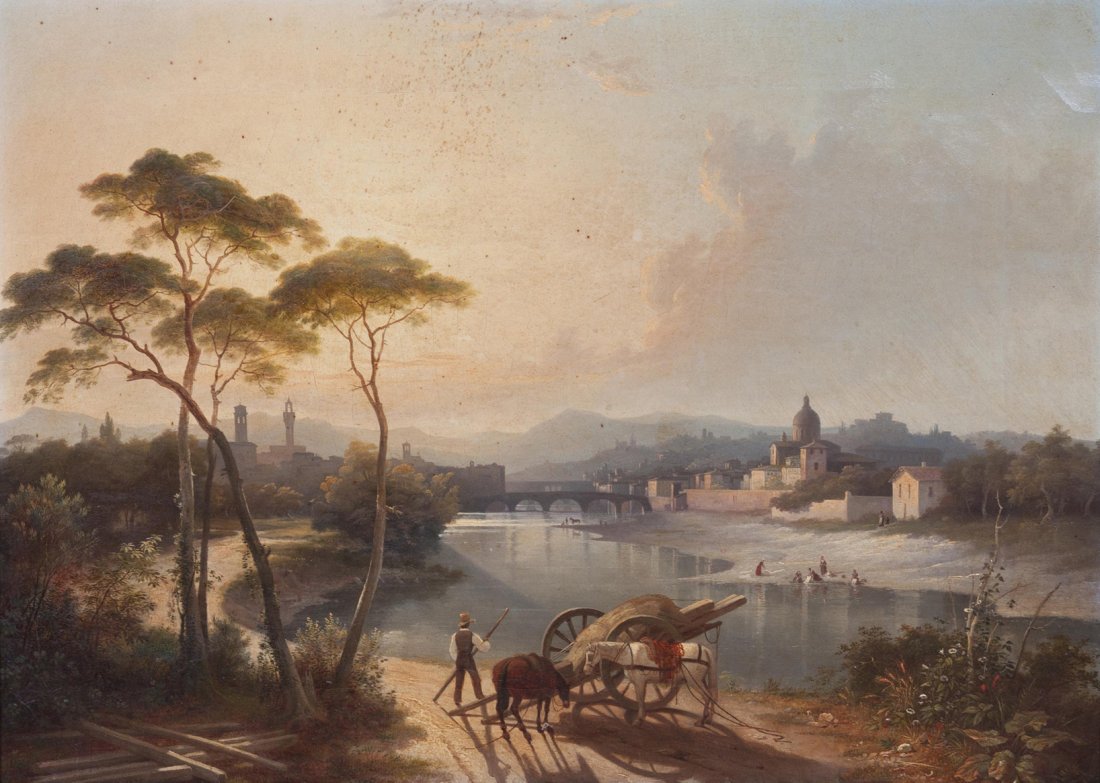 Continental School, (19th century), Along the Riv: Continental School (19th century) Along the River oil on canvas 18 x 24 3/4 inches.