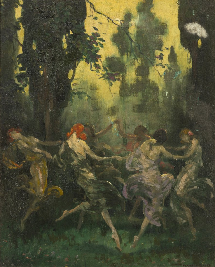 Warren B. Davis, (American, 1865-1928), Women Dan: Warren B. Davis (American, 1865-1928) Women Dancing in a Circle oil on board signed Warren Davis (lower right) 17 1/2 x 14 inches.