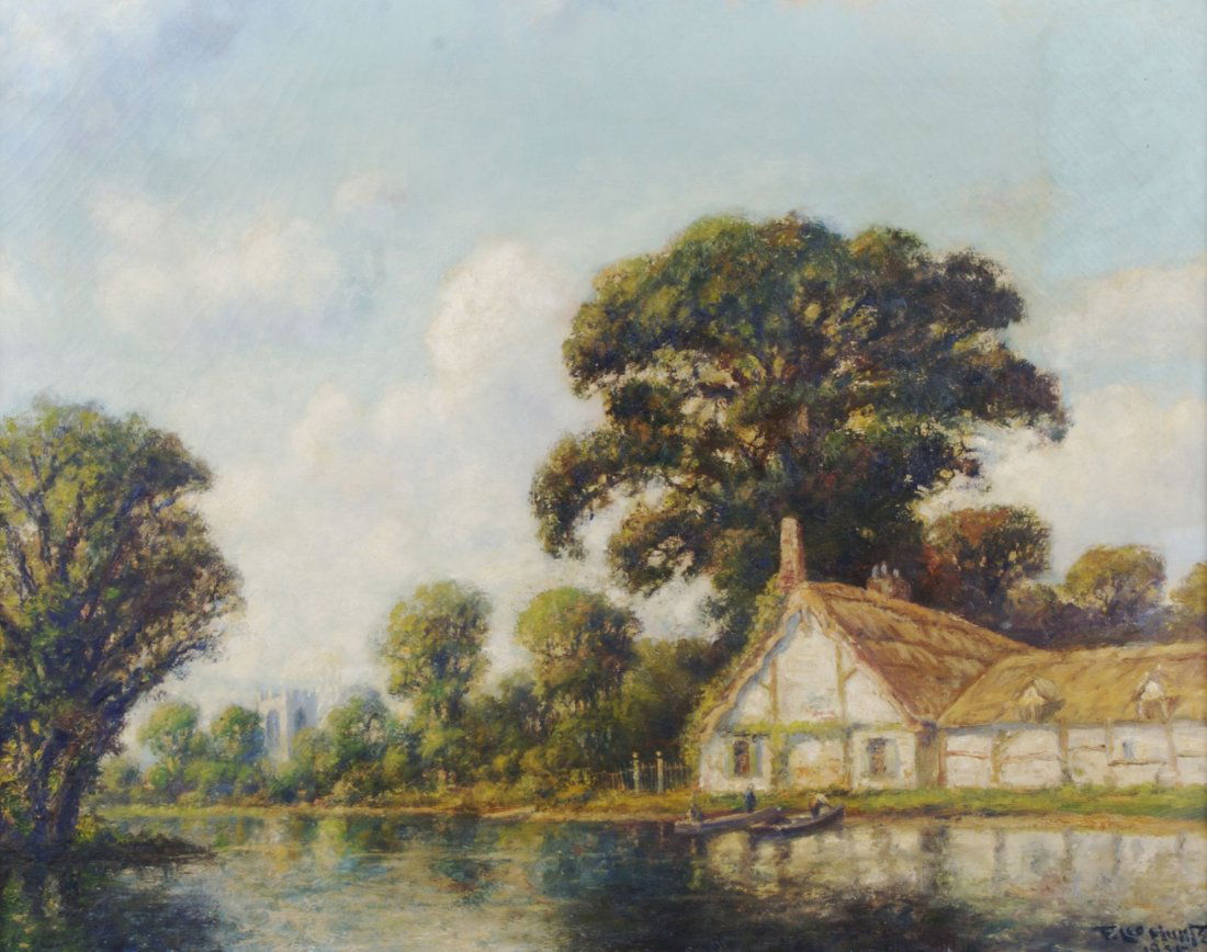 F. Leo Hunter, (American, 20th century), The Bend: F. Leo Hunter (American, 20th century) The Bend in the River, 1955 oil on canvas signed F. Leo Hunter and dated (lower right) 21 1/2 x 27 1/2 inches.