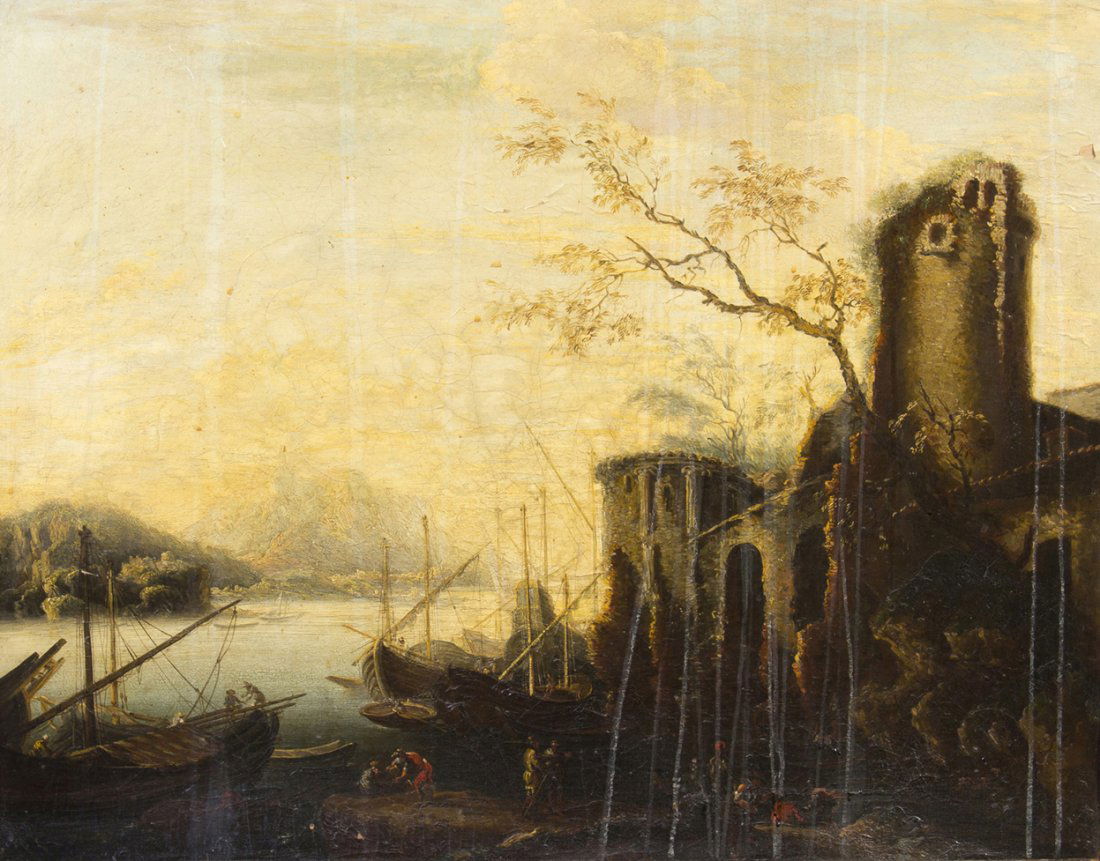 Artist Unknown, (19th century), Harbor Scene: Artist Unknown (19th century) Harbor Scene oil on board 29 x 37 1/2 inches. Property from the Estate of Helen and C. Nicholas Johnson, Jr., Cave Creek, Arizona