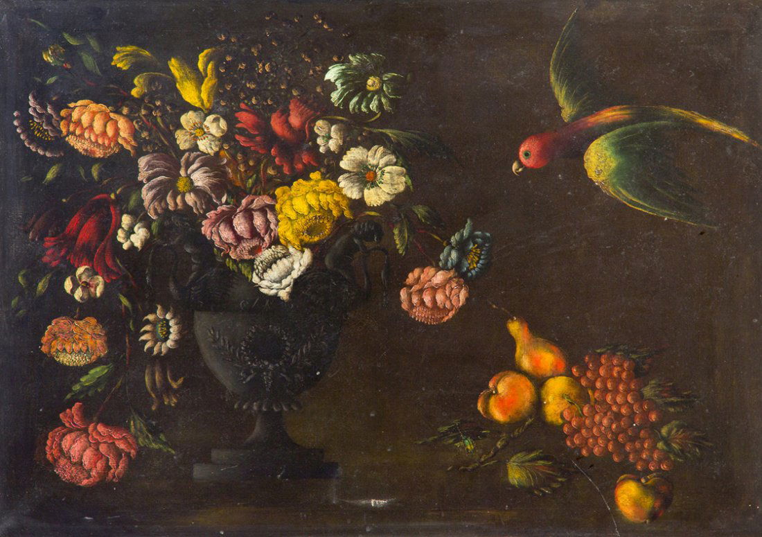 Artist Unknown, (19th century), Still Life with F: Artist Unknown (19th century) Still Life with Flowers and Bird oil on canvas 28 x 38 inches. Property from the Estate of Helen and C. Nicholas Johnson, Jr., Cave Creek, Arizona