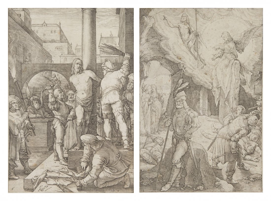 Hendrik Goltzius, (Dutch, 1558-1617), The Resurre: Hendrik Goltzius (Dutch, 1558-1617) The Resurrection and The Flagellation (from The Passion) engravings; later impressions 7 3/4 x 5 inches. Ref: Strauss, 333, 339