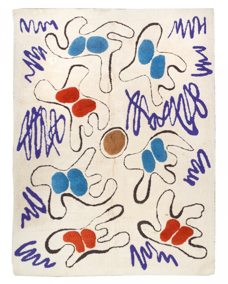 A Stark Wool Rug, designed by Picasso, 6 feet 4 i: A Stark Wool Rug, designed by Picasso, having allover abstract figures on a white ground. 6 feet 4 inches x 5 feet 5 inches. Property from the Estate of Babette J. Potter, Chicago, Illinois