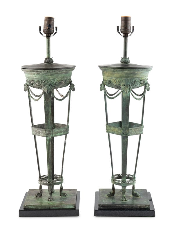 A Pair of Patinated Cast Metal Athéniennes Mounted as Lamps: A Pair of Patinated Cast Metal Athéniennes Mounted as Lamps 20th Century Height (from base to bottom of bulb) 24 1/2 inches. This lot is located in Chicago.