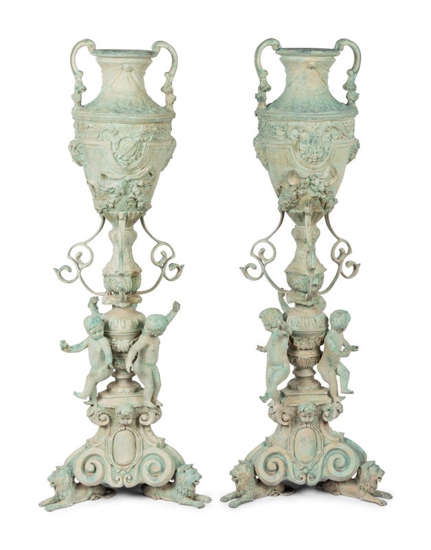 A Pair of Neoclassical Style Patinated Cast Metal or Bronze Urns (1 of 7)