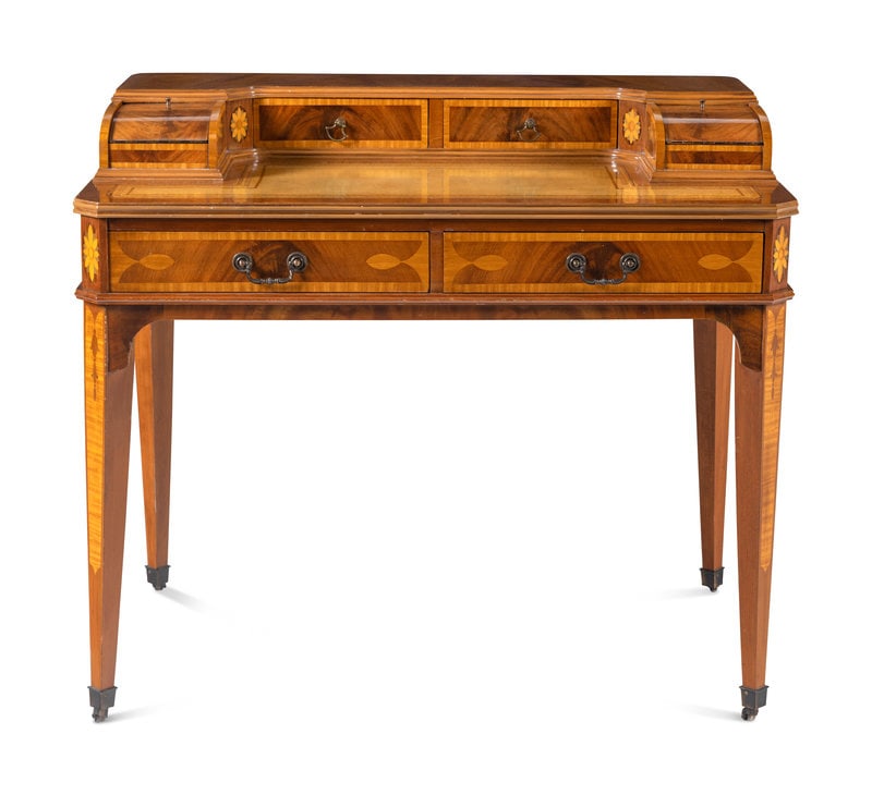An Edwardian Style Marquetry 'Carlton House' Desk: An Edwardian Style Marquetry 'Carlton House' Desk 20th Century Height 34 1/2 x width 40 1/4 x depth 24 inches. This lot is located in Chicago.