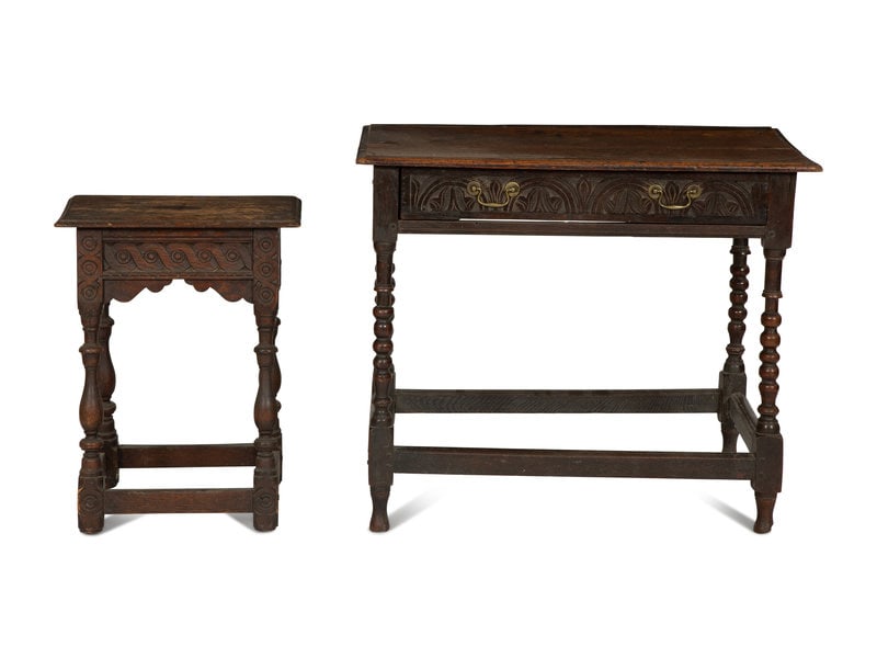 A Jacobean Style Carved Oak Writing Table and a Similar Stool with Flip Top (1 of 5)