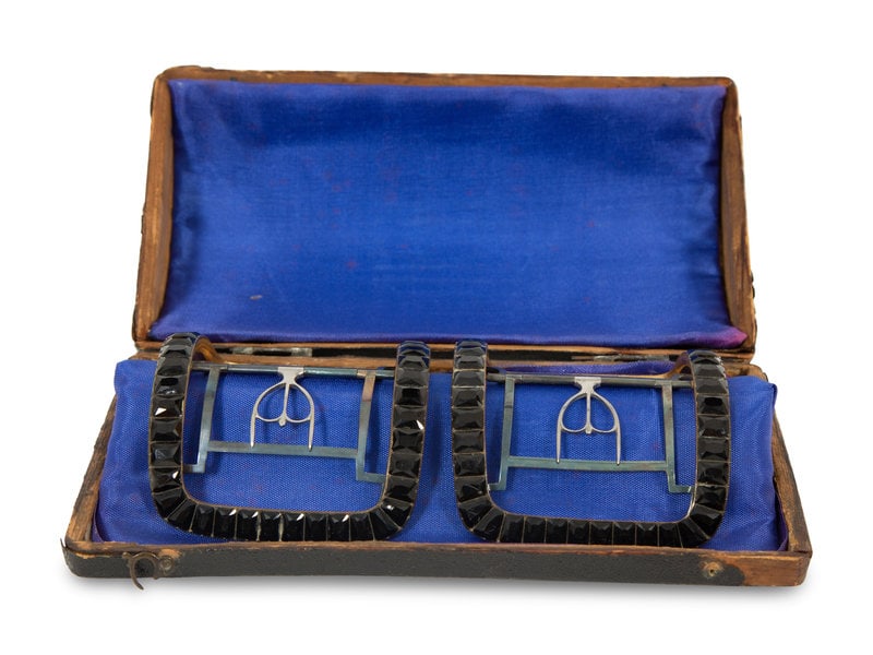 A Pair of Georgian Black Jet Stone Inlaid Shoe Buckles: A Pair of Georgian Black Jet Stone Inlaid Shoe Buckles 18th Century in original shagreen case.3 x 3 3/8 inches. This lot is located in Palm Beach. Property from the Estate of Joanna H