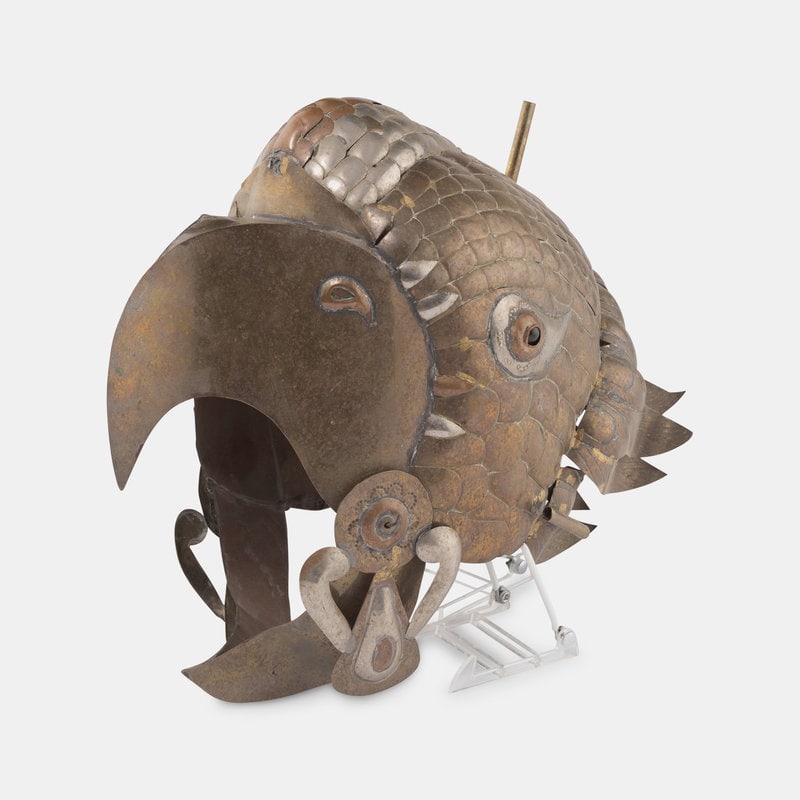 Sergio Bustamante, Attribution Mid 20th Century Sculptural Helmet : Sergio Bustamante, Attribution Mid 20th Century Sculptural Helmet cooper, brass 13 1/2 x 16 x 8 inches. This lot is located in Chicago. Size 13 1/2 x 16 x 8 inches.