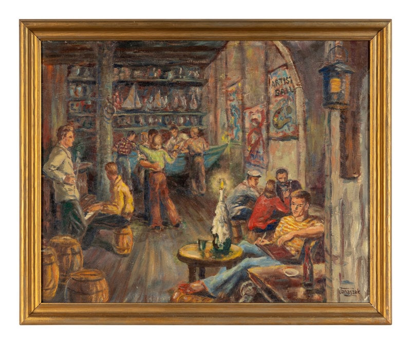 Helen Janaszak (American, 1909-1967) Untitled (Artist’s Bar), 1944: Helen Janaszak (American, 1909-1967) Untitled (Artist’s Bar), 1944 oil on canvas signed Janaszak lower right; dated on reverse 24 x 30 inches. This lot is located in Chicago.