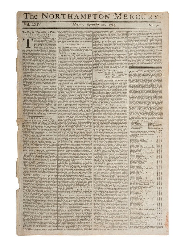 [REVOLUTIONARY WAR]. Northampton Mercury. Vol LXIV, Nos. 30-33. London, 29 Sept. - 20 Oct. 1783. (1 of 4)