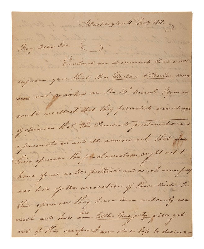 [POLITICS] [WAR OF 1812]. 2 ALSs , including  letters from James STEPHENSON (1764-1833) & William VE (1 of 6)