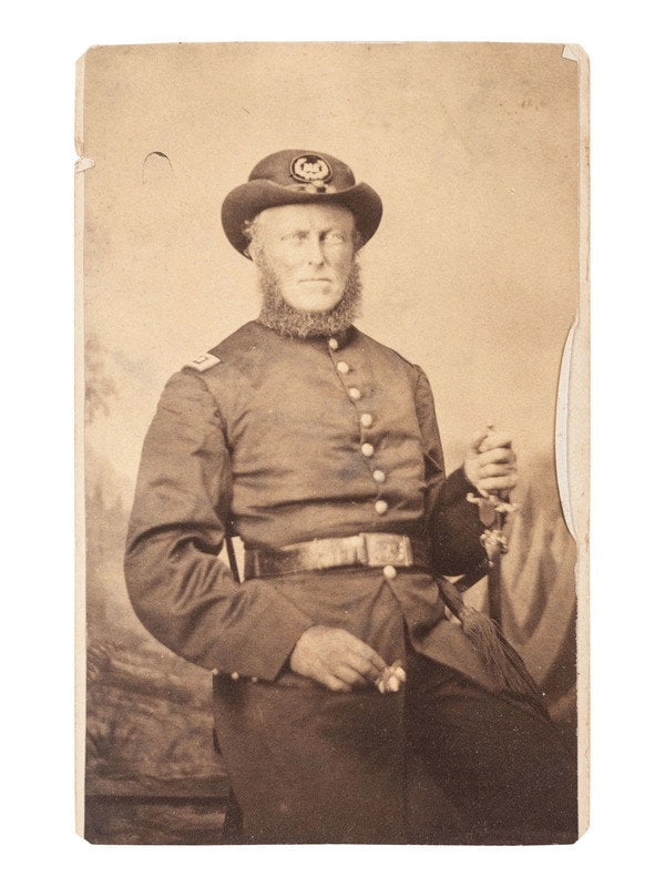 [CIVIL WAR]. CDV album containing images of 2 soldiers, incl. Corodon Mason, USCT, 32nd Infantry. (1 of 5)