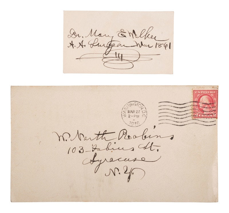 WALKER, Dr. Mary E. (1832-1919). Autograph card signed and her "Proclamation" advocating suffrage. (1 of 3)