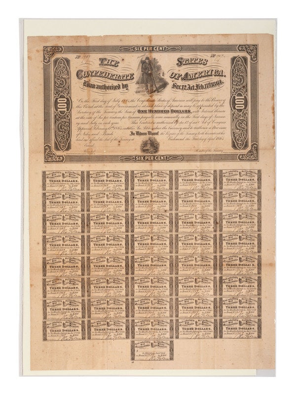 [CIVIL WAR]. Confederate currency notes incl. one hundred dollar bond sheet. (1 of 3)