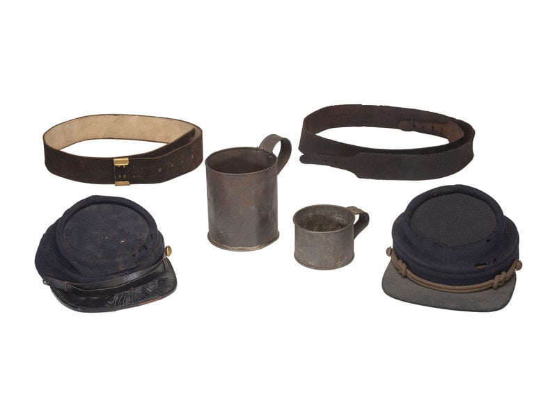 [CIVIL WAR - LATE INDIAN WARS]. 5 items, incl. pattern 1864 leather belt and kepis.  (1 of 5)