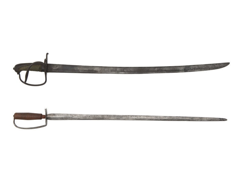 [MILITARIA]. 2 swords, incl. early 19th century iron-hilted short sword. (1 of 6)