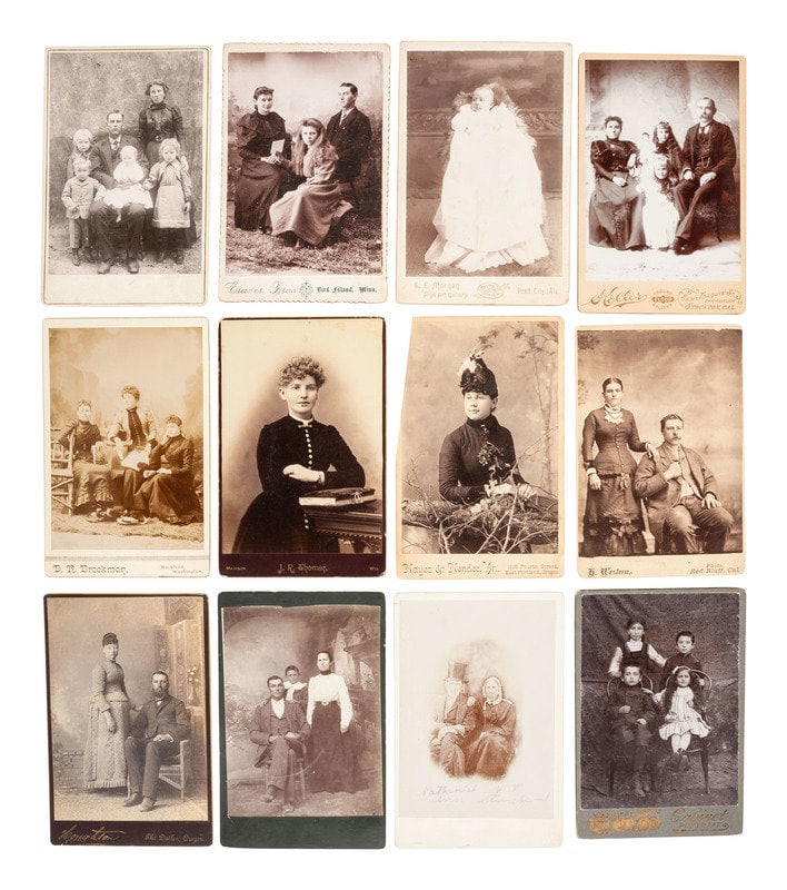 [EARLY PHOTOGRAPHY]. 83 cabinet & large format photos, incl. children, families, students, & a band: [EARLY PHOTOGRAPHY]. 83 cabinet & large format photos, incl. children, families, students, & a band Includes approx. 78 cabinet cards, cabinet card-sized images, or real photo postcards of men