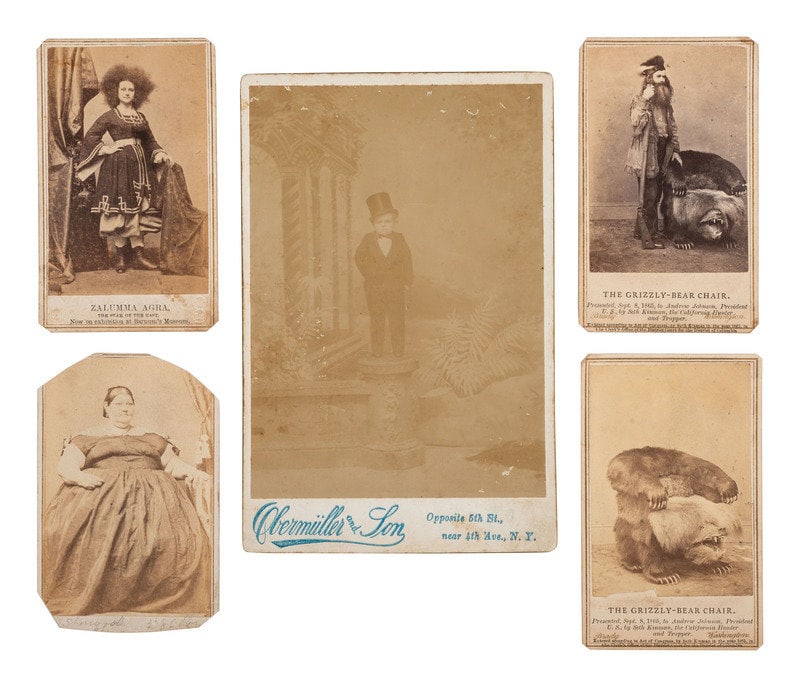 [EARLY PHOTOGRAPHY]. 5 images, incl. Seth Kinman & his "Grizzly-Bear Chair" and circus performers. : [EARLY PHOTOGRAPHY]. 5 images, incl. Seth Kinman & his "Grizzly-Bear Chair" and circus performers. 2 CDVS captioned in lower margin, "The Grizzly-Bear Chair. Presented Sept. 8, 1865, to Andr