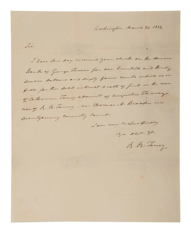 [POLITICS]. 3 letters signed by R.B. TANEY, Henry CLAY, and Daniel WEBSTER. (1 of 6)