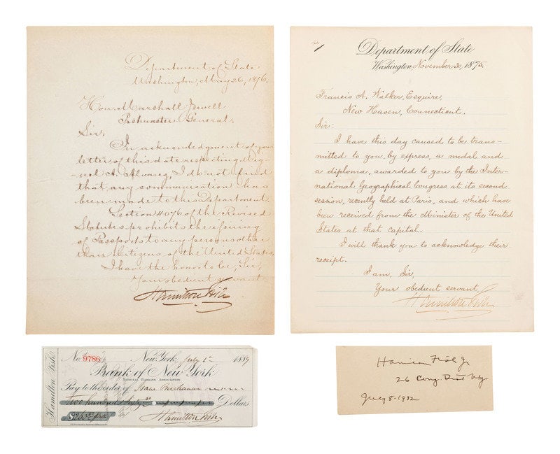 FISH, Hamilton (1808-1893). Letters and signatures of Fish and his descendants.: FISH, Hamilton (1808-1893). Letters and signatures of Fish and his descendants. FISH, Hamilton (1808-1893). Letter signed ("Hamilton Fish") as Secretary of State. Washington, DC, 30 November 1875. On 
