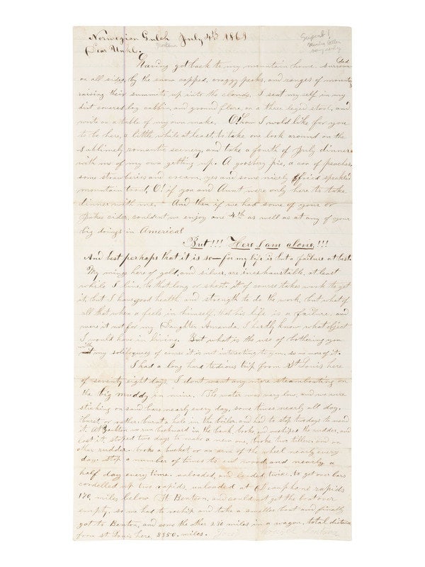 [WESTERN AMERICANA-MINING]. 2 manuscripts, incl. miner's letter from Norwegian Gulch (Montana), 1869 (1 of 2)