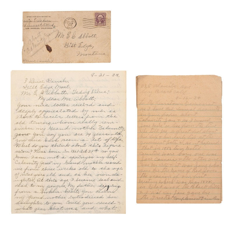 [WESTERN AMERICANA]. 2 letters describing Calamity Jane, incl. letter from her granddaughter.  (1 of 1)