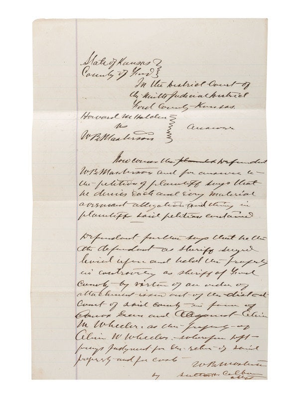[WESTERN AMERICANA]. Legal document naming W.B. "Bat" Masterson as Defendant. Ford County, KS, 1879. (1 of 2)