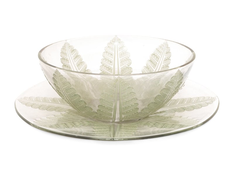 René Lalique (French, 1860-1945) Felix Bowl and Underplate, c. 1926: René Lalique (French, 1860-1945) Felix Bowl and Underplate, c. 1926 glass etched R. Lalique France to underside Bowl: H 5 1/4 x Dia 13 inches; Underplate: Dia 17 1/4 inches. This