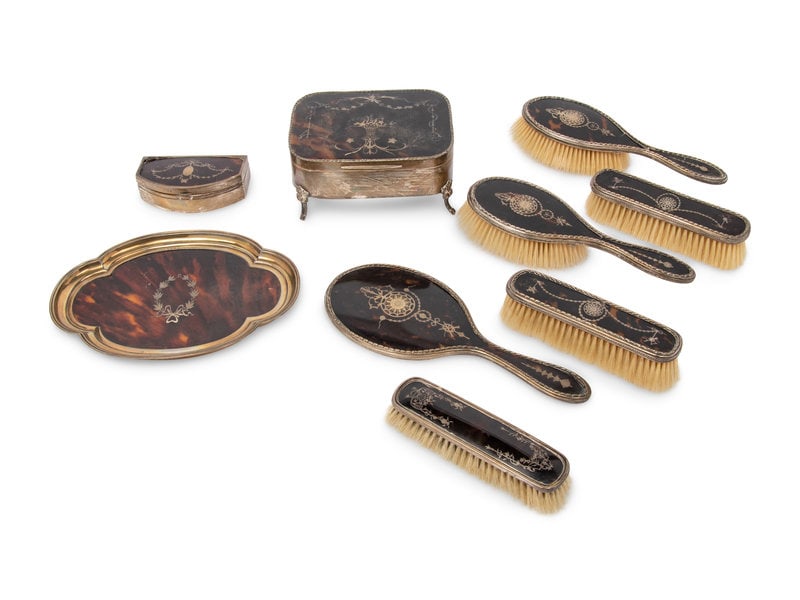 An Edwardian Silver and Faux Tortoise Shell Ten-Piece Dresser Set (1 of 3)
