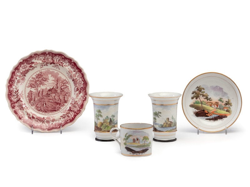 Four Painted Porcelain Articles and a Transferware Plate (1 of 14)